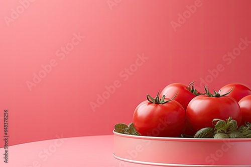 round iridescent podium close shot pink background studio with tomatoes