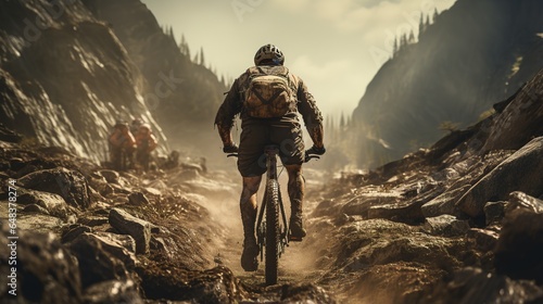 Mountain biker riding on the trail in the mountains