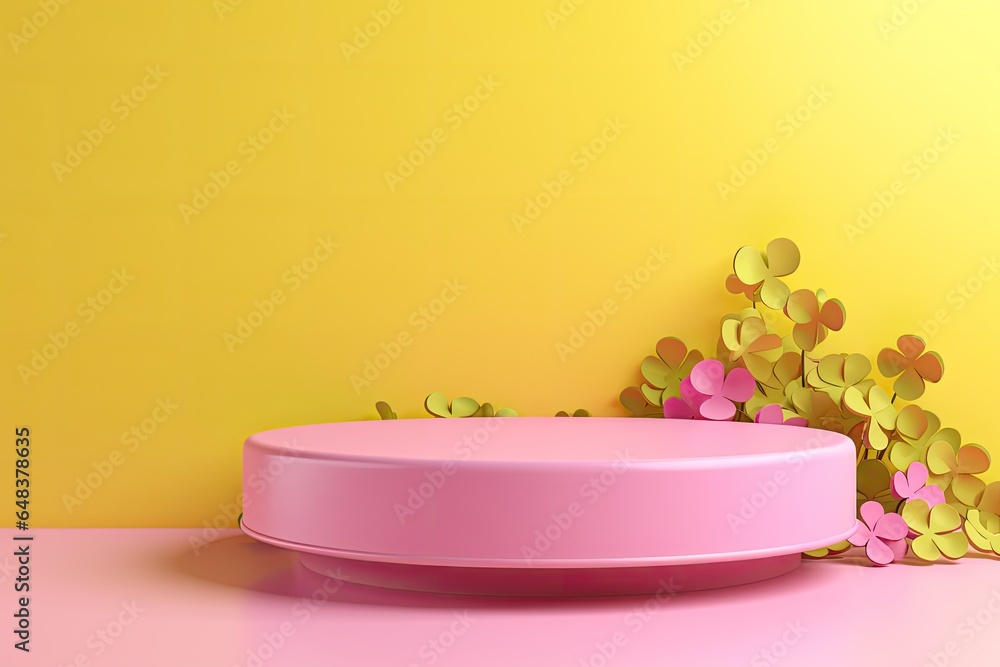 round pink podium close shot yellow background studio with clover
