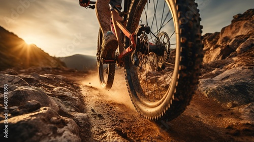 Mountain bike rides on a rocky trail in the rays of the setting sun