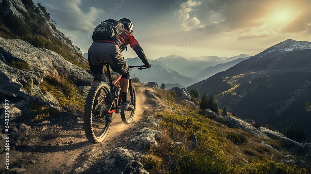 Mountain biker riding on the trail in the high mountains.