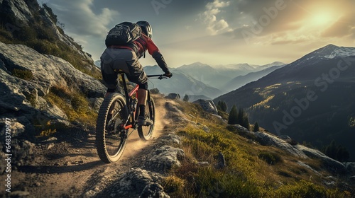 Mountain biker riding on the trail in the high mountains.