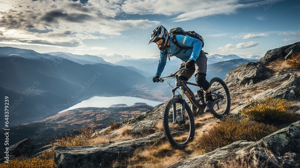 Cyclist Riding the Mountain Bike on the Rocky Trail. Extreme Sport Concept.