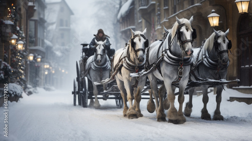 traditional carriage with big wise men strong horses in winter © jr-art