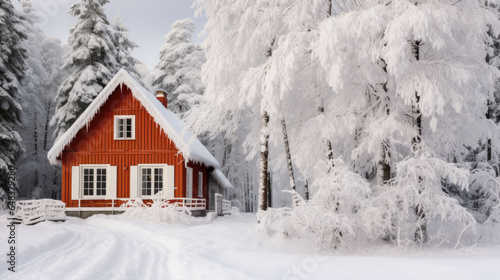 a beautiful red house in winter with lots of fresh snow