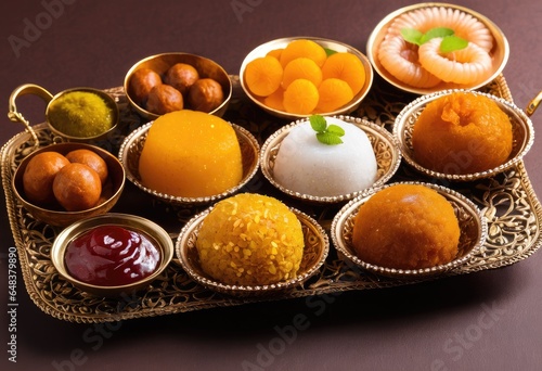 An assortment of Indian sweets like ladoo, jalebi, and gulab jamun