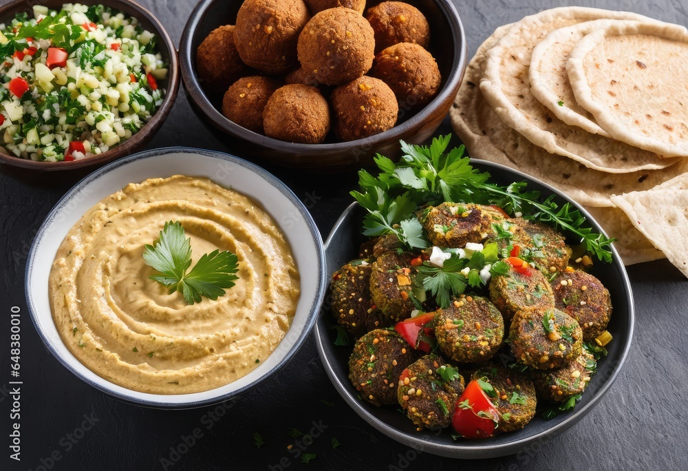 An assortment of Middle Eastern mezze like hummus, tabbouleh, and falafel