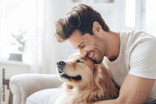 man with dog in living room photo