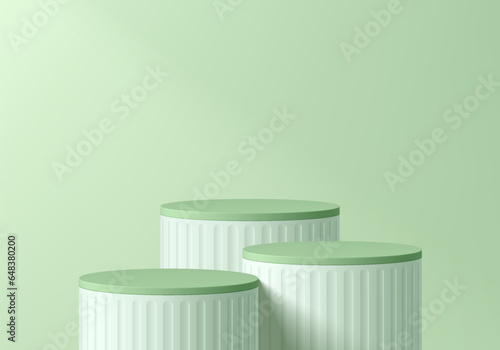 3D background. Set of level white and green cylinder pedestal podium with natural light wall scene. Platforms mockup product display presentation. Abstract composition minimal design. Stage showcase.
