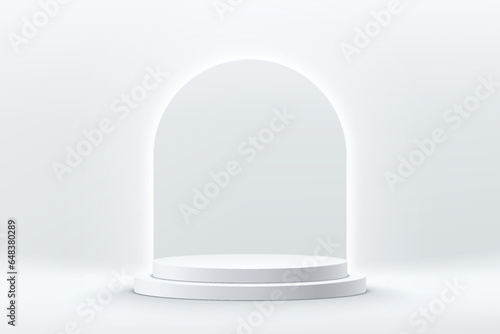 3D background with silver cylinder pedestal podium and glowing neon lighting arch shape scene. Platforms mockup product display presentation. Abstract composition in minimal design. Stage showcase.