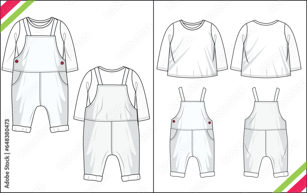 Naklejka premium INFANT BOYS CREW NECK DUNGAREE TOP AND BOTTOM SET TECHNICAL VECTOR ILLUSTRATION