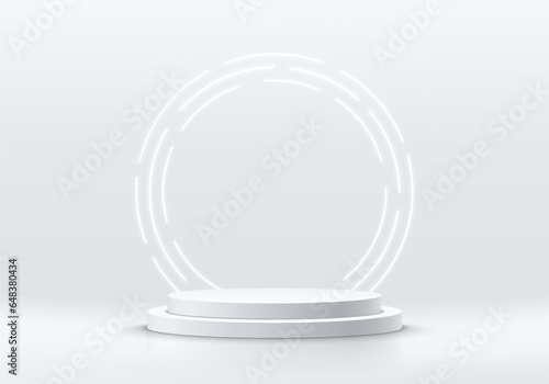 3D background with silver cylinder pedestal podium and glowing circle neon lighting wall scene. Platforms mockup product display presentation. Abstract composition in minimal design. Stage showcase.