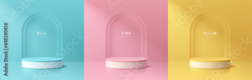 Set of 3d background yellow, blue, pink and white cylinder pedestal podium with arch wall scene. Abstract composition in minimal design. Platform cosmetic product display presentation. Stage showcase.