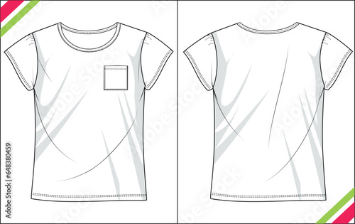 GIRLS SCOOP NECK SHORT SLEEVE ROUND NECK T SHIRT TECHNICAL FASHION FLAT SKETCH ILLUSTRATION