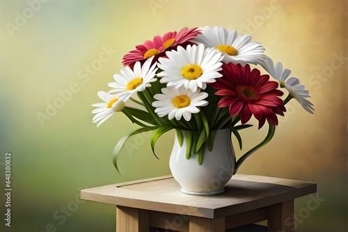 Generate a picture of a daisy bouquet, arranged with elegance and simplicity, set against a canvas of vibrant natural colors