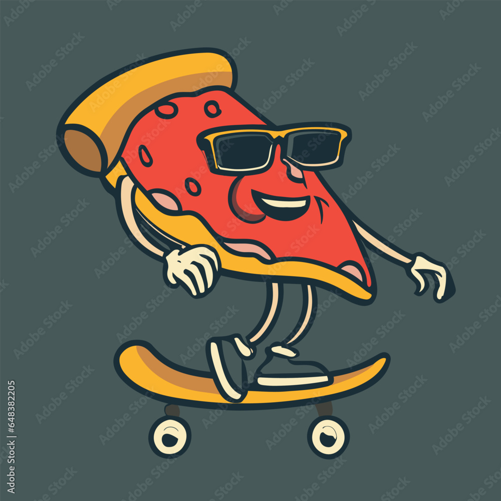 Vector illustration of Pizza slice logo with melted cheese and pepperoni. Cartoon sticker in comic style with contour. Decoration for greeting cards, posters, patches, prints for clothes, emblems
