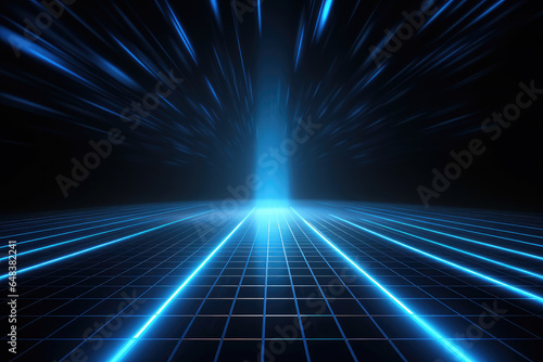 Abstract technology concept perspective grid line up and down side with neon light background.