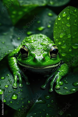 Green Frog in the Rain Close-Up