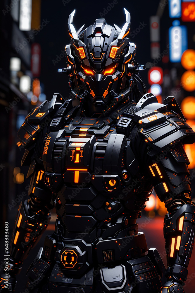 Samurai in night city neon lights on background. ai generated . Samurai in night city neon lights on background. ai generated .