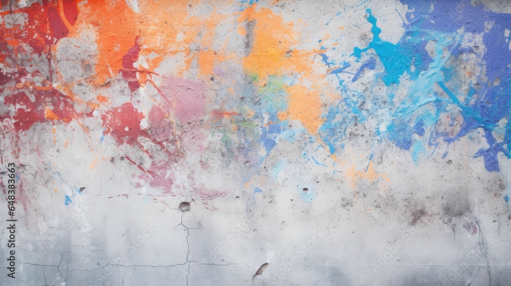 Spray paint on a concrete wall, water splashes, old stains, bright colors.