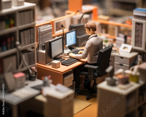 Miniature office man working overtime at computer, tilt shift photography style