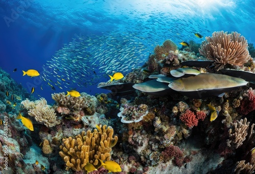 An ocean reef teeming with colorful fish and coral