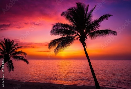  An ocean sunset with vibrant colors and silhouetted palm trees