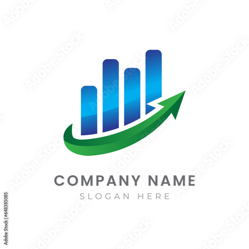 a blue and green arrow logo with a graph going up