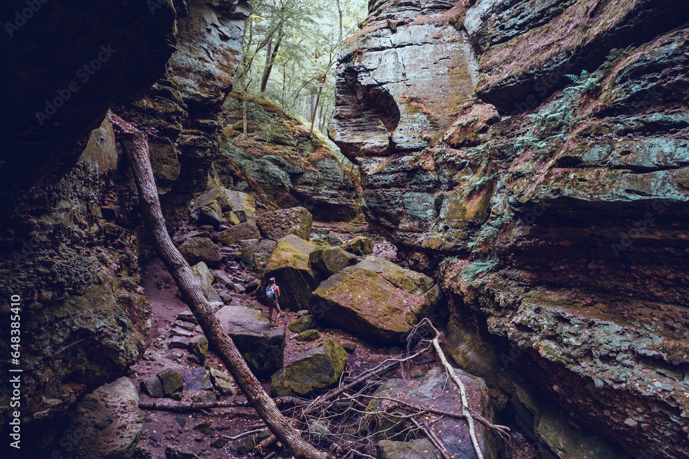Woman hiker looking up at the rocks on her hike in the autumn woods Woman hiker looking up at the rocks on her hike in the autumn woods
