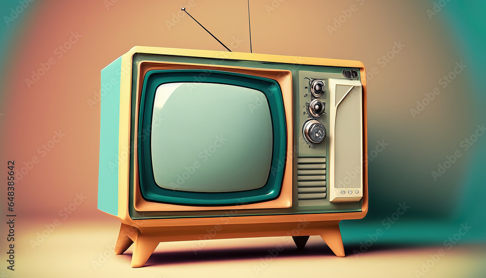 AI Generative Illustration of a vintage analog television with lamp beside it on color background.