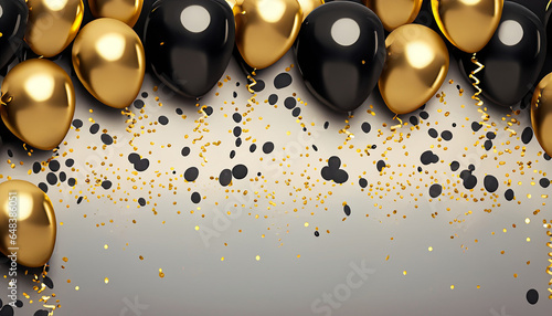Celebration background with confetti and gold black balloons. Generative Ai
