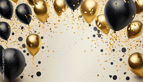 Celebration background with confetti and gold black balloons. Generative Ai
