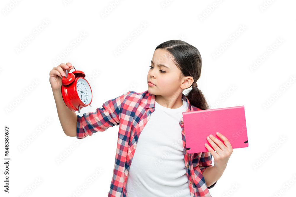 sad school girl with alarm clock in studio. school girl with alarm clock on background. sad school girl with alarm clock in studio. school girl with alarm clock on background.
