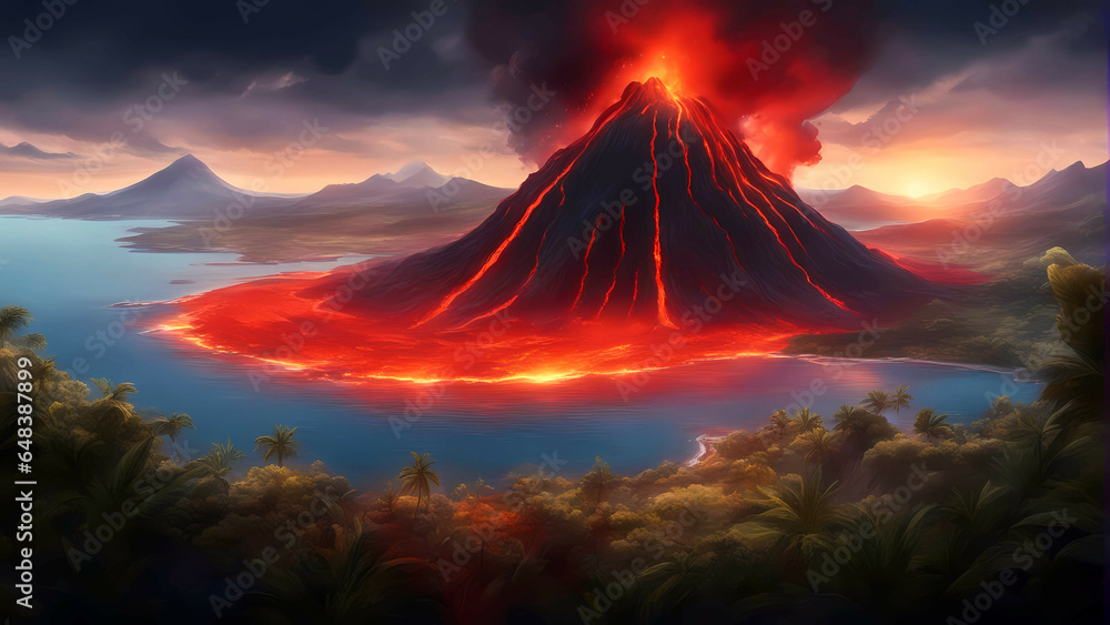 Volcanic eruption on a mountain in a island with red hot lava flowing.