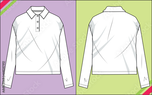  GIRLS POLO FULL SLEEVE FLAT SKETCH FASHION TEMPLATE TECHNICAL ILLUSTRATION
