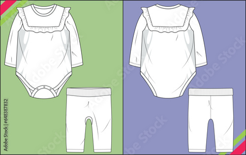 NEWBORN GIRLS BODYSUIT WITH LEGGINGS TEE FLAT SKETCH FASHION TEMPLATE TECHNICAL ILLUSTRATION