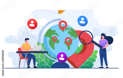Global outsourcing company concept flat illustration vector template, Freelance job, Remote working, International recruiting, Global connectivity, Company with remote management