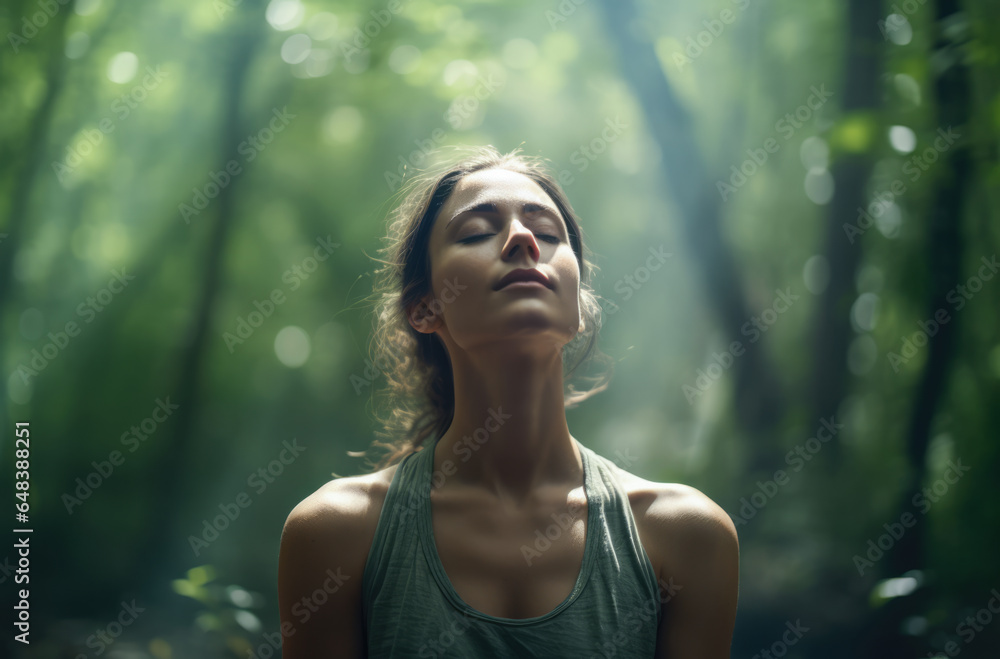 Young woman meditating and relaxing in a forest
