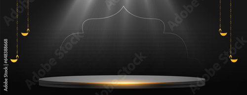 3d podium platform on dark black banner for diwali festival celebration