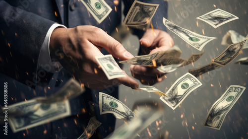 Closeup of Businessman catching dollar banknotes. Concept for Money, Wealth, and Opportunity.