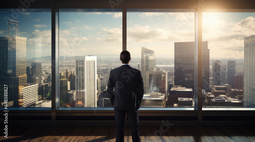 Back View of the Businessman wearing a Suit Standing in His Office, Hands in Pockets and Contemplating Next Big Business Deal, Looking out of the Window. Big City Business District View. photo