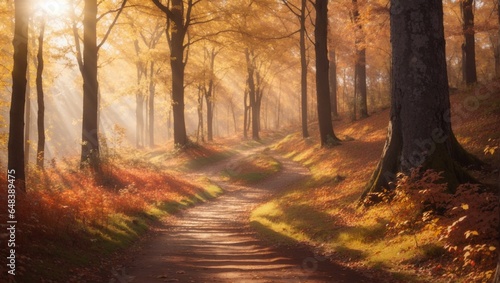 Path through autumn forest with sunlight