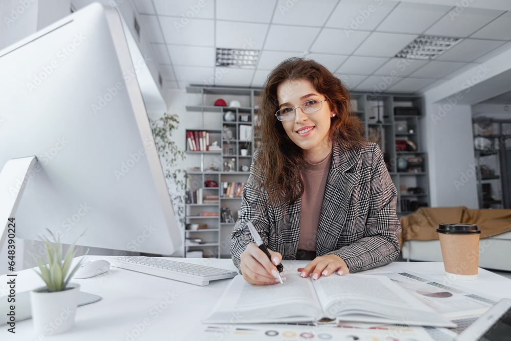 Young woman working on pc computer. Education concept. Young woman working on pc computer. Education concept.