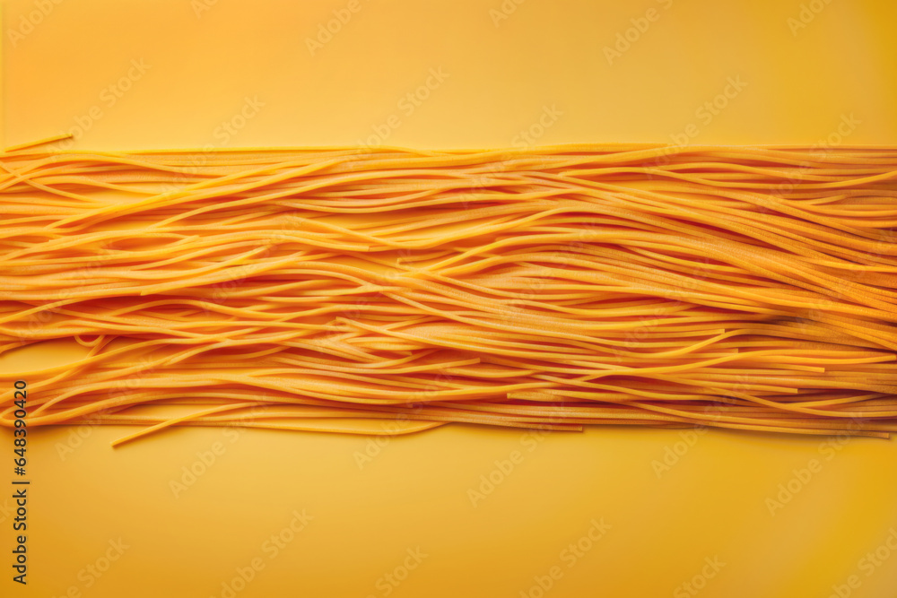 Strands of spaghetti pasta noodles stuck to a yellow background, throw