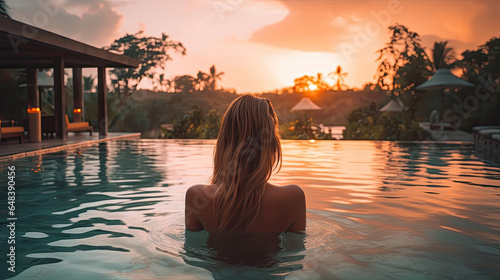 a Beautiful young woman on vacation in pool at luxury spa hotel in Bali. Summer travel and leisure ideas. Generetive Ai