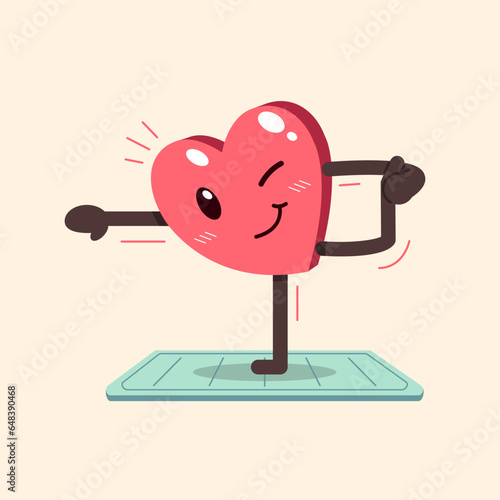 Vector cartoon heart character doing yoga on exercise mat for design.