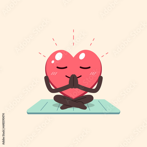 Cartoon heart character doing yoga pose on exercise mat for design.