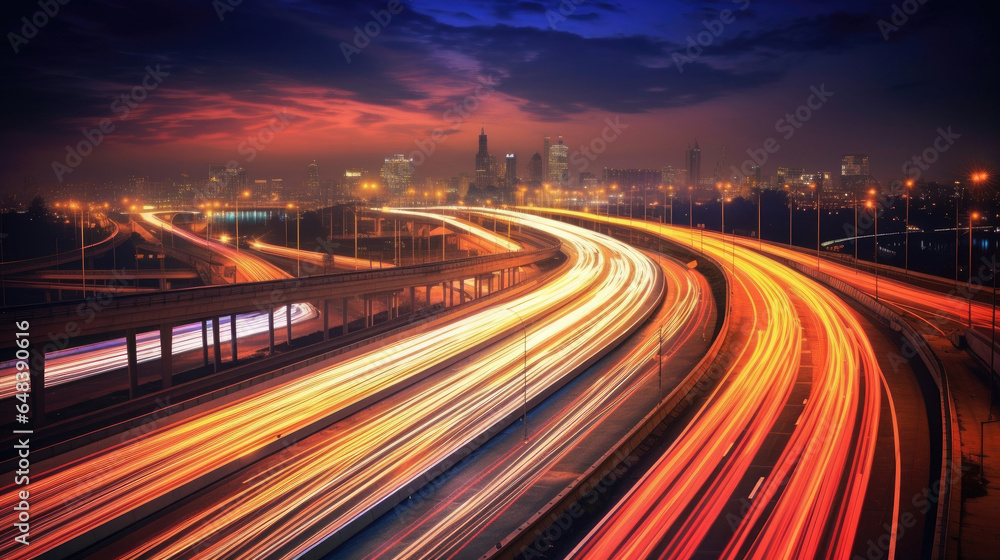 A long exposure photo, motion blur of a highway at night. Generetive Ai