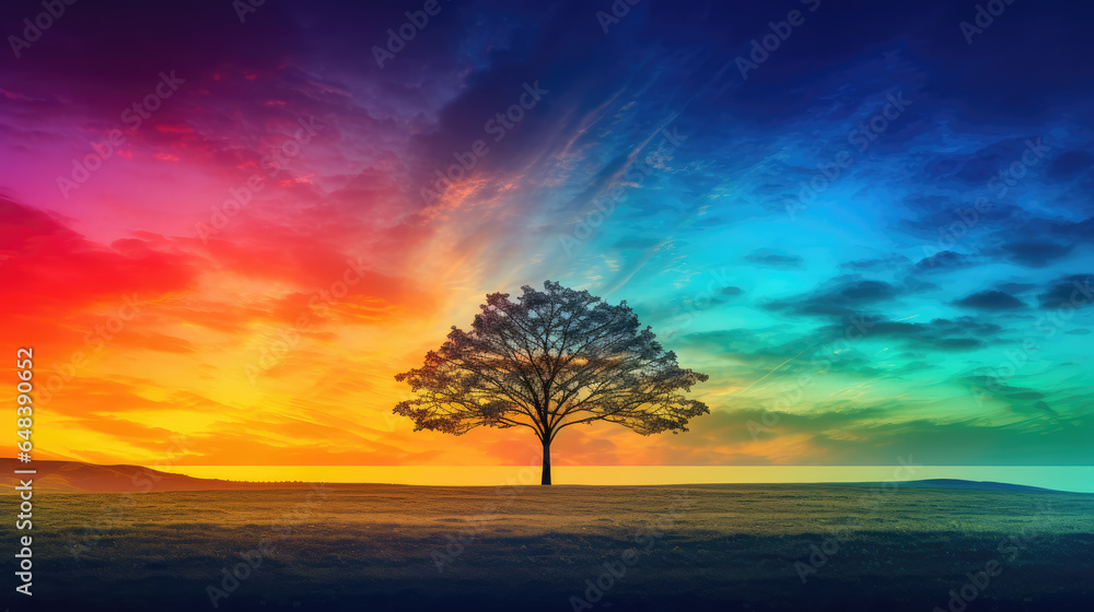 Beautiful Rainbow Colors Landscape with Tree Silhouette