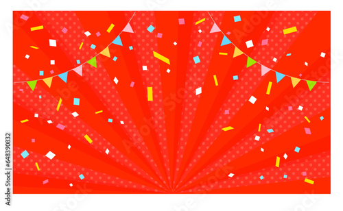 ガーランドと紙吹雪が舞うサンバースト背景